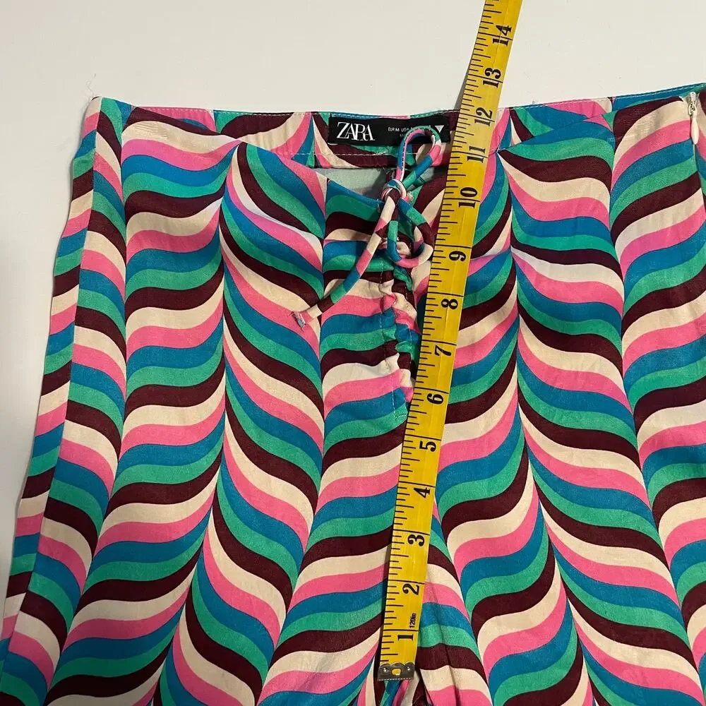 Zara Wide Leg Pants Size Medium Pink Teal Zig Zag Stripe 70s Festival High Rise